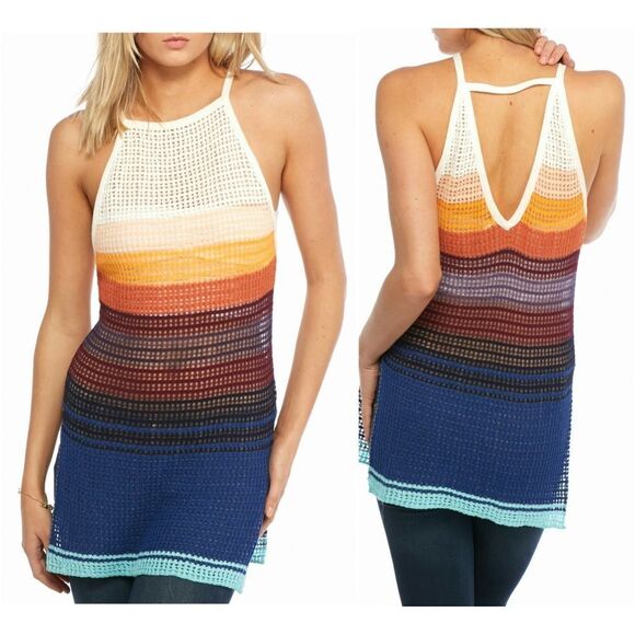 New! FREE PEOPLE Striped Sleeveless Boho Tunic Tank Top V-Back Airy - Picture 1 of 9
